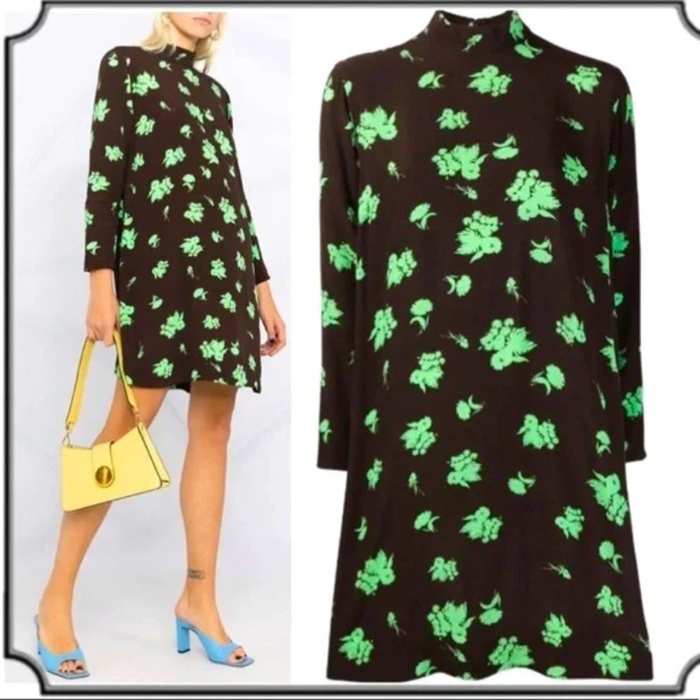 GANNI Green & Brown Long Sleeve Floral Dress NWT